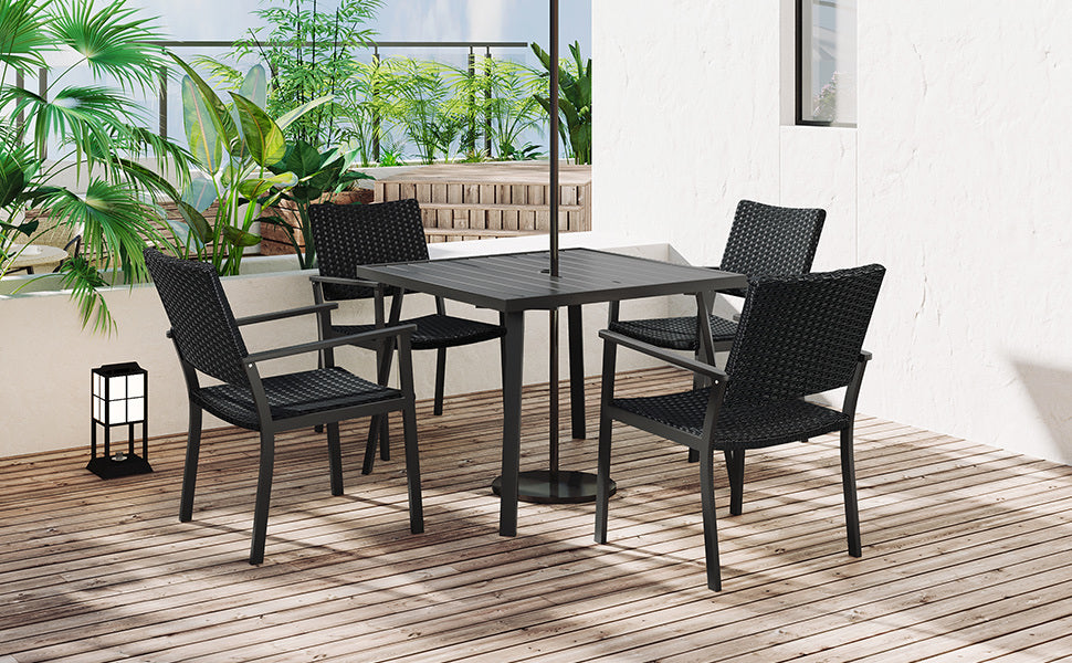Outdoor Patio PE Wicker 5-Piece Dining Table Set with Umbrella Hole and 4 Dining Chairs for Garden, Deck,Black Frame+Black Rattan