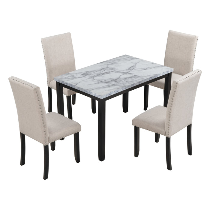 Faux Marble 5-Piece Dining Set Table with 4 Thicken Cushion Dining Chairs
