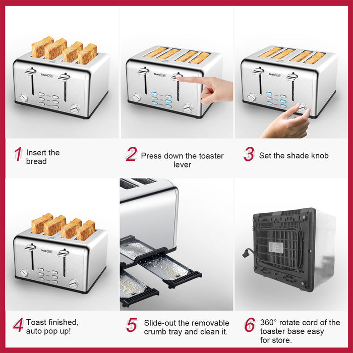 Toaster 4 Slice, Stainless Steel Extra-Wide Slot Toaster with Dual Control Panels
