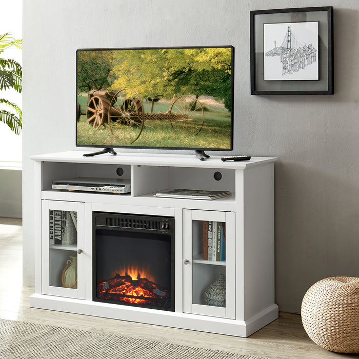 Modern Electric Fireplace TV Stand, Fit up to 55" Flat Screen TV with 2 Tempered Glass Storage Cabinet and Adjustable Shelves Wood Veneer TV Console for Living Room, White