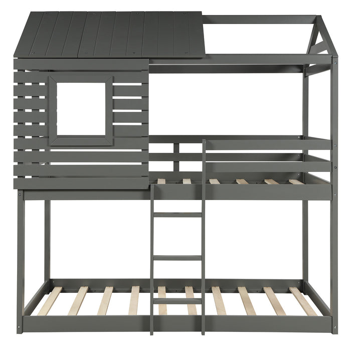 Twin Over Twin Bunk Bed Wood Loft Bed with Roof, Window, Guardrail, Ladder