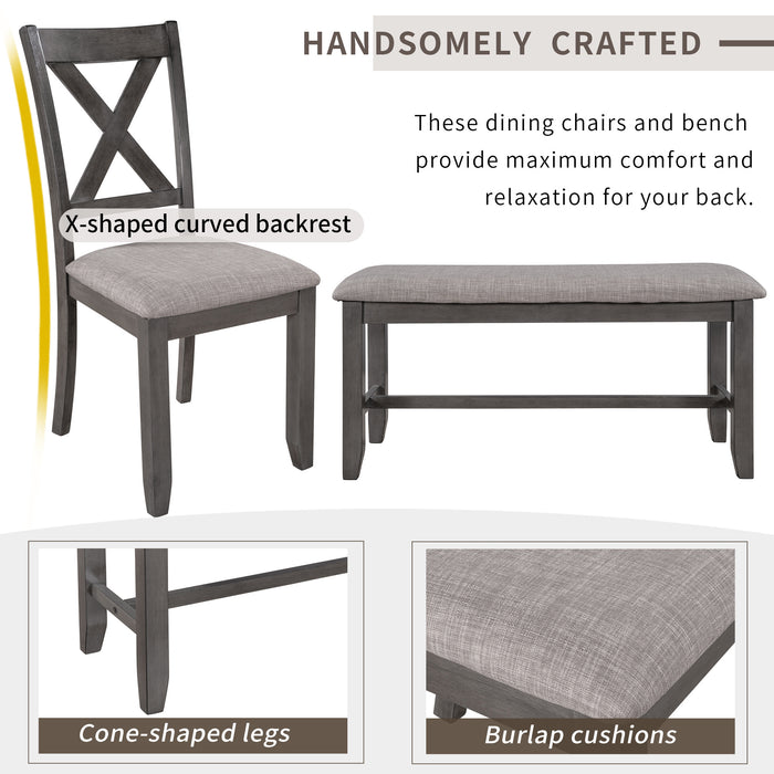 6-Piece Kitchen Dining Table Set Wooden Rectangular Dining Table, 4 Fabric Chairs and Bench Family Furniture