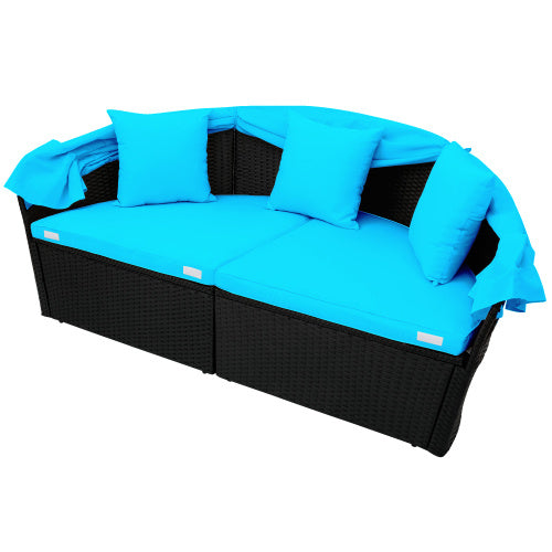 Outdoor rattan daybed sunbed with Retractable Canopy Wicker Furniture, Round Outdoor Sectional Sofa Set, black Wicker Furniture Clamshell Seating with Washable Cushions, Backyard, Porch