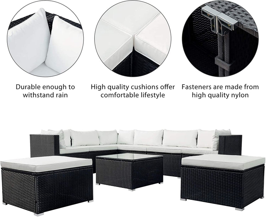 9-piece Outdoor Patio PE Wicker Rattan conversation Sectional Sofa sets with 3 sofa, 3 corner sofa, 2 ottomans, and 1 glass coffee table, removable soft cushions