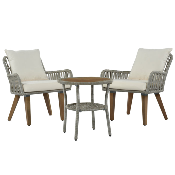 Patio 3-Piece Bistro Set Woven-Rope Conversation Set with Wood Tabletop and Cushions for Balcony, Gray Rope+Beige Fabric