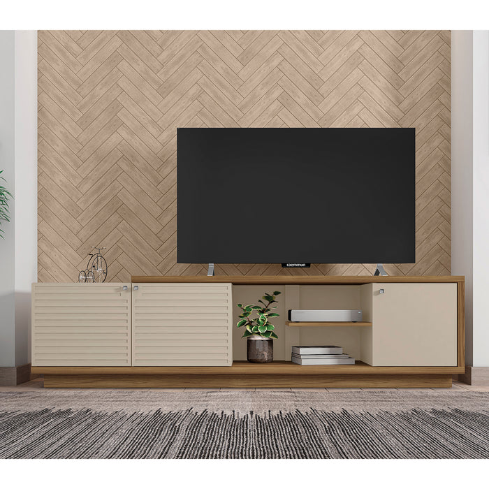 DunaWest 76.77 Inch Wooden TV Stand with 3 Doors and Grain Details, Brown and Off White