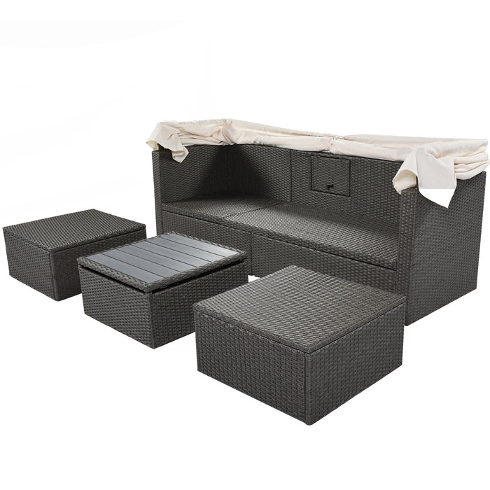 Outdoor Patio Rectangle Daybed with Retractable Canopy, Wicker Furniture Sectional Seating with Washable Cushions, Backyard, Porch