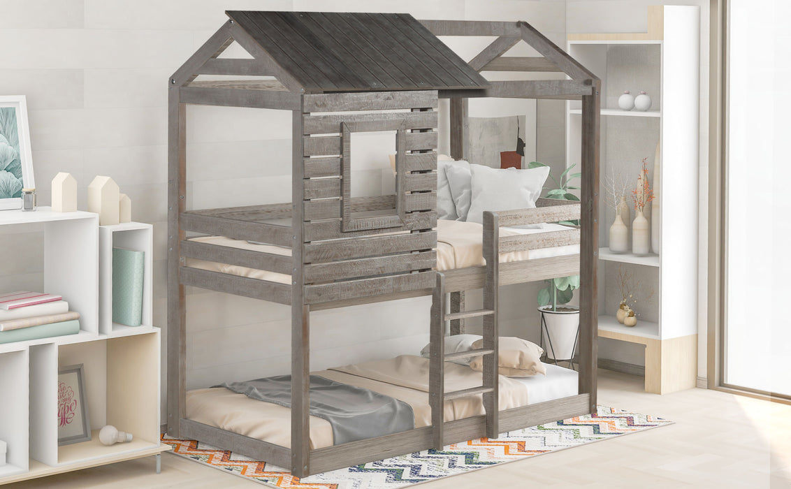 Twin Over Twin Bunk Bed Wood Loft Bed with Roof, Window, Guardrail, Ladder