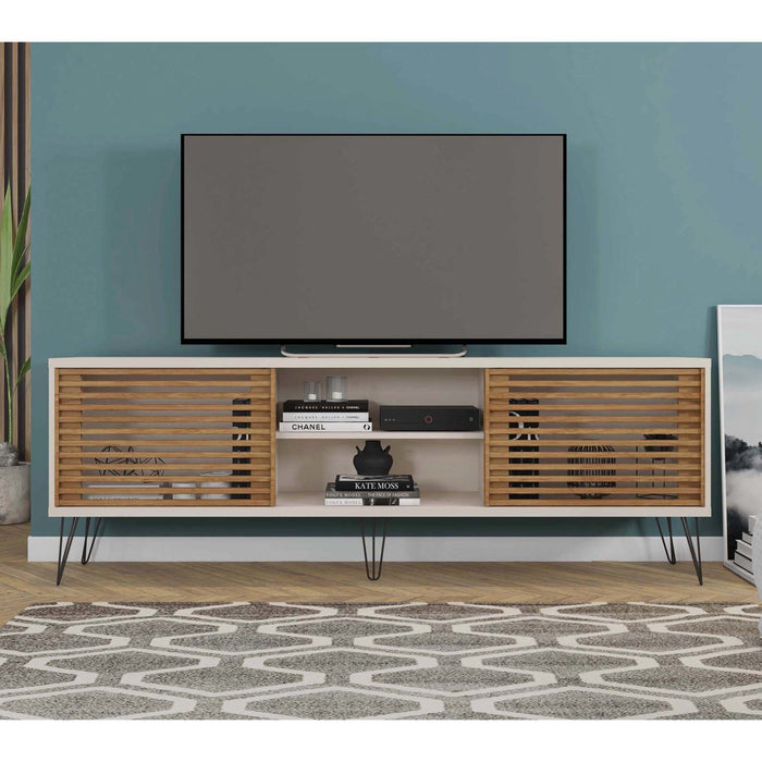 DunaWest Arthur Wooden TV Stand with 2 Slatted Sliding Doors, Brown and Off White