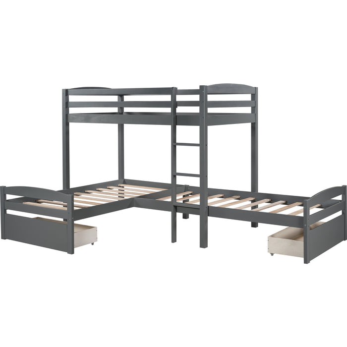 Twin Over Twin L-shaped Bunk Bed with Two Drawers, Pine Wood Bed Frame