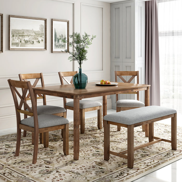 6-Piece Kitchen Dining Table Set Wooden Rectangular Dining Table, 4 Fabric Chairs and Bench Family Furniture