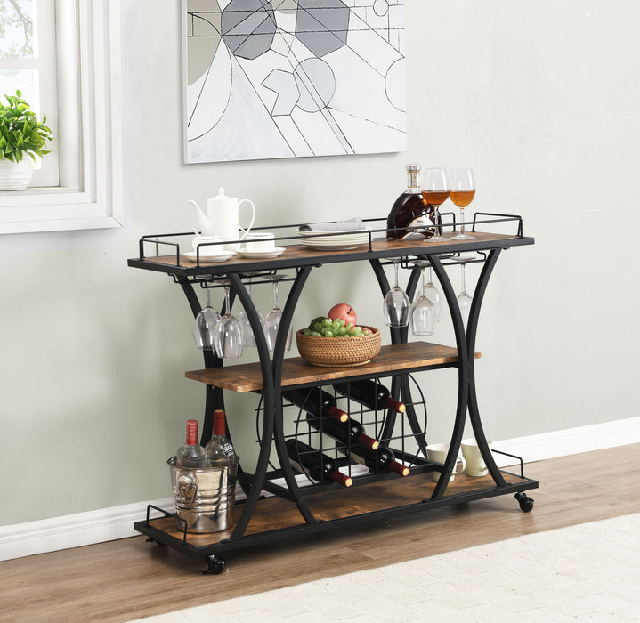 Industrial Black Bar Serving Cart for home with Wine Rack and Glass Holder, 3-tier Shelves, Metal Frame
