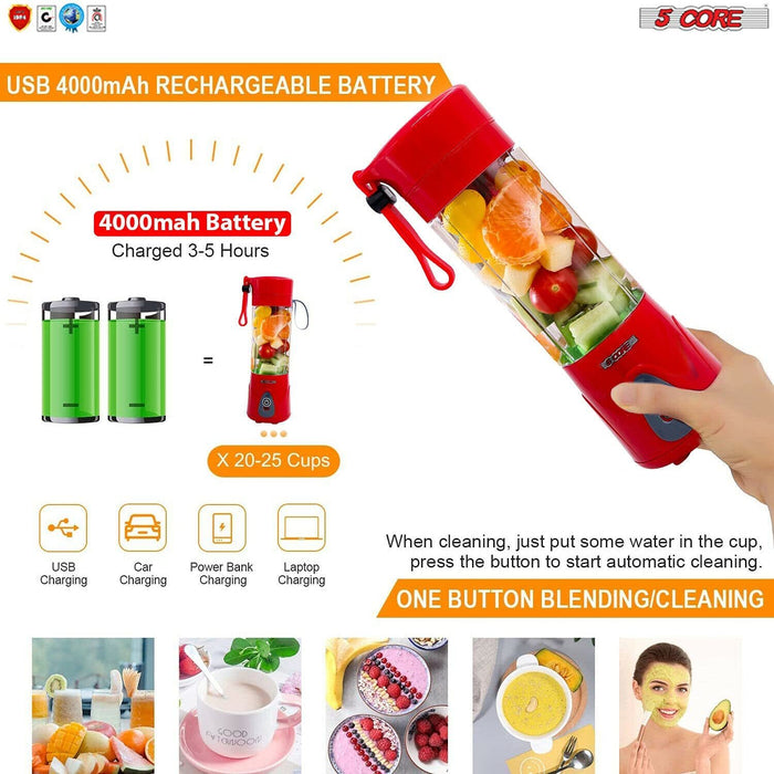 Portable Blender Personal Size Blender USB 4000 mAh Rechargeable with 6 Blades Smoothies,380ML Juicer Cup 5 Core PB 01