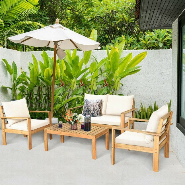 4 Pieces Patio Acacia Wood Thick Cushion Loveseat Sofa Set