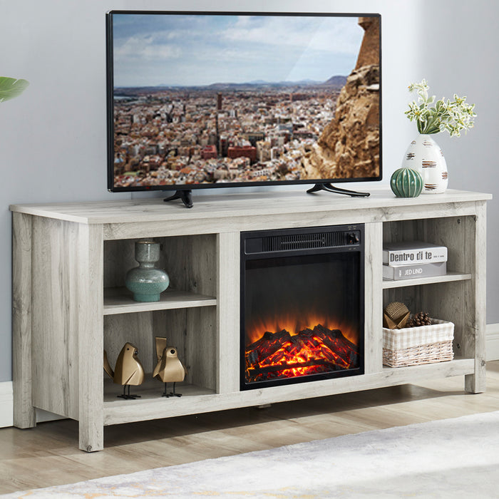 Farmhouse Wooden TV Stand and Electric Fireplace, Fit up to 65" Flat Screen TV with Open Storage Cabinet and Adjustable Shelves Entertainment Center for Living Room, Light Grey
