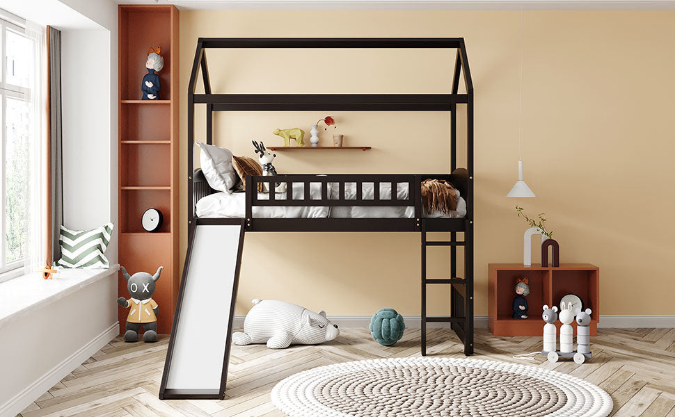Twin Loft Bed with Slide, House Bed with Slide