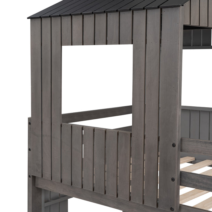New Space Wooden Twin Over Full Bunk Bed, Loft Bed with Playhouse