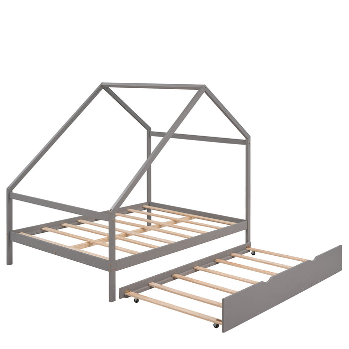 New Space Full Size Wooden House Bed With Twin Size Trundle