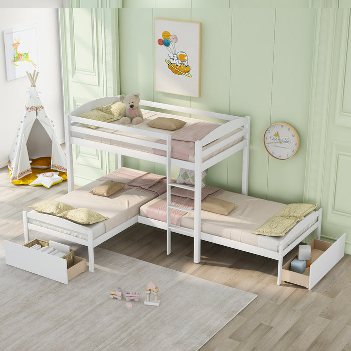 Twin Over Twin L-shaped Bunk Bed with Two Drawers, Pine Wood Bed Frame