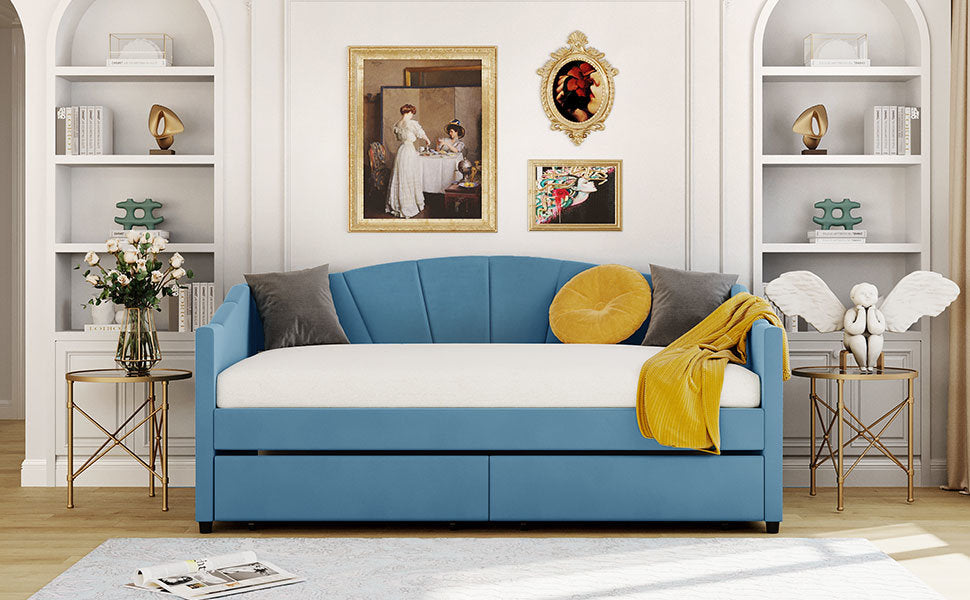New Space Upholstered daybed Twin Size with Two Drawers and Wood Slat Suppot