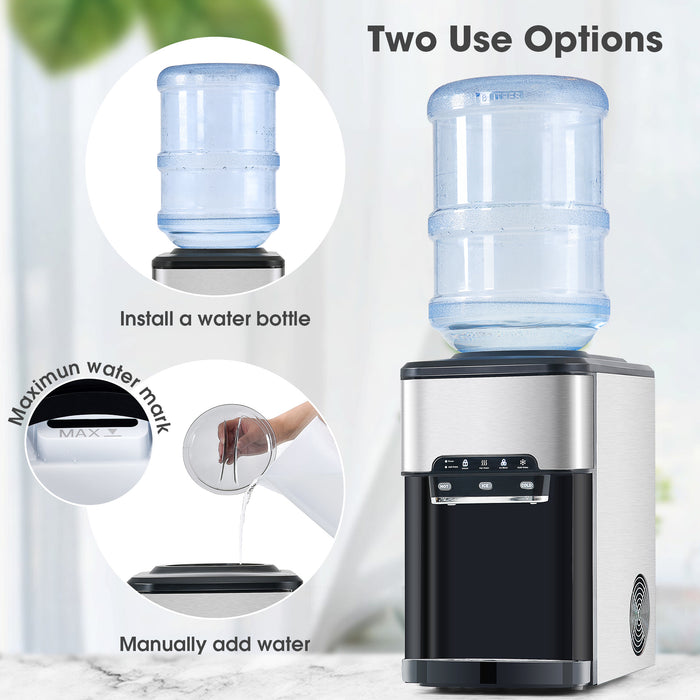 3 in 1 Water Dispenser with Ice Maker Countertop, Portable Water Cooler, Quick 6 Mins Ice-making, Hot & Cold Water and Ice, Top Loading or Bottleless, Stainless Steel