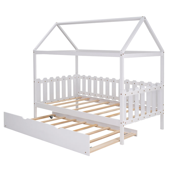 Twin Size House Bed with trundle, Fence-shaped Guardrail, White