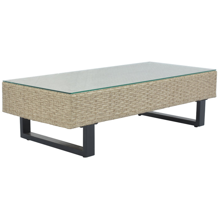 3-piece Outdoor Wicker Sofa Patio Furniture Set, L-shaped Corner Sofa, Water And UV Protected, Two Glass Table, Adjustable Feet And 3.1" Thicker Cushion, Light Gray Cushion and Beige Wicker