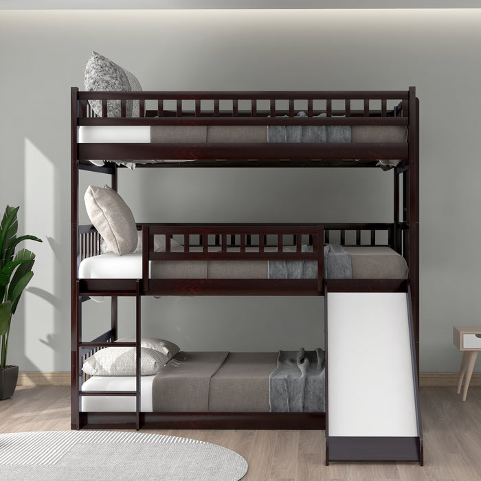 Triple Bed with Built-in Ladder and Slide , Triple Bunk Bed with Guardrails