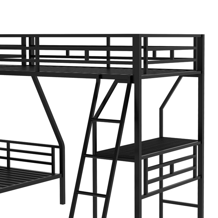 Twin over Full Bunk Bed with a Twin Size Loft Bed attached, with a Desk, Metal