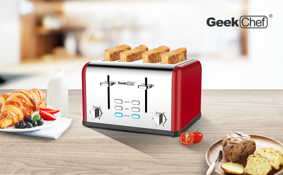 Toaster 4 slices, geek chef stainless steel extra-wide slot toaster, dual control panel with bagel/defrost/cancel function, 6 shade settings for baking bread RT