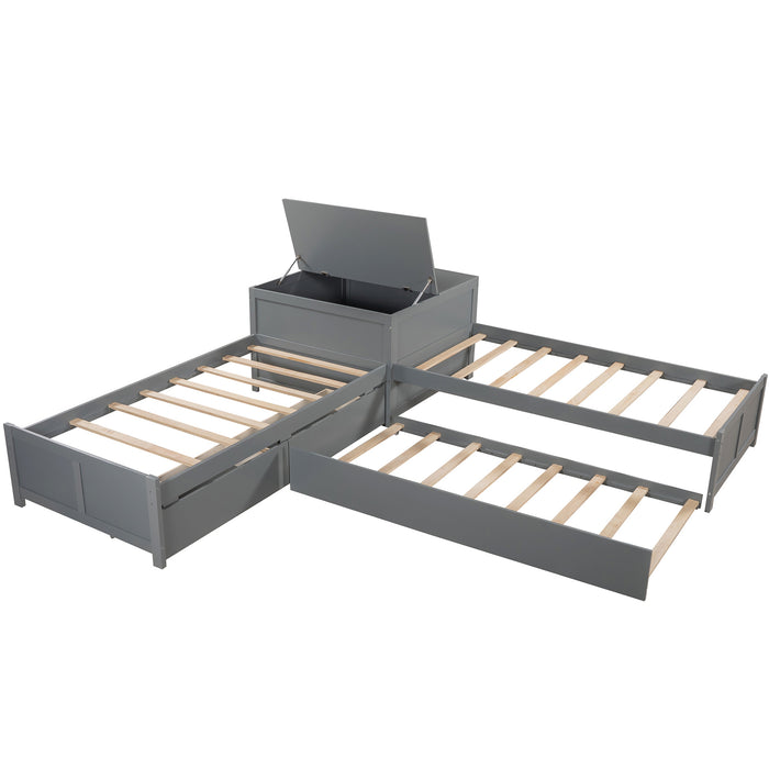 L-shaped Platform Bed with Trundle and Drawers Linked with built-in Flip Square Table,Twin