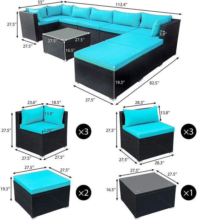 9-piece Outdoor Patio PE Wicker Rattan conversation Sectional Sofa sets with 3 sofa, 3 corner sofa, 2 ottomans, and 1 glass coffee table, removable soft cushions