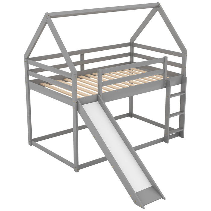 Twin Size Bunk House Bed with Slide and Ladder