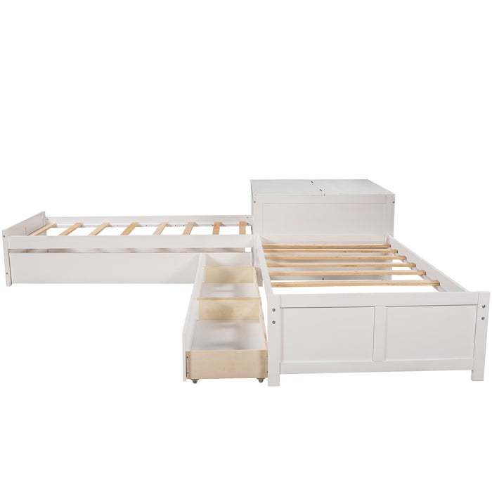 L-shaped Platform Bed with Trundle and Drawers Linked with built-in Flip Square Table,Twin