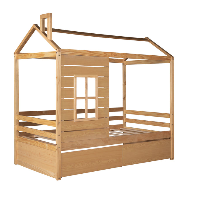 Twin Size House Bed Wood Bed with Two Drawers