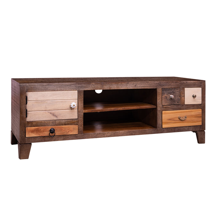 DunaWest 57 Inch 4 Drawer Media Console Cabinet with 1 Door and 2 Open Compartments, Brown