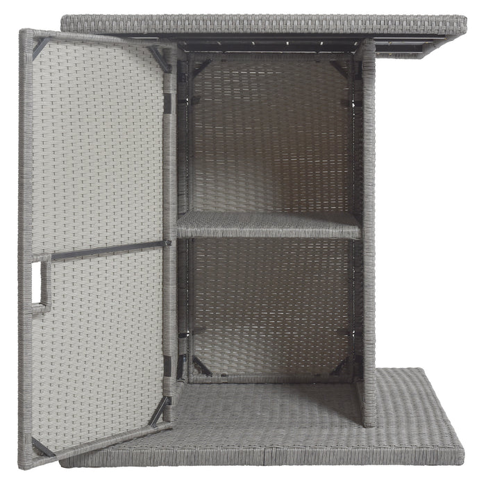 Patio 5-Piece Rattan Dining Table Set, PE Wicker Square Kitchen Table Set with Storage Shelf and 4 Padded Stools for Poolside, Garden, Gray Wicker+Dark Gray Cushion