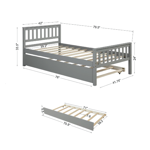 Twin Bed with Trundle,Grey