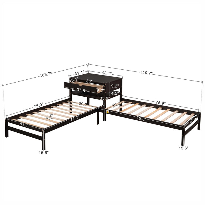 Grenco Twin Size L-Shaped Platform Beds with Drawers