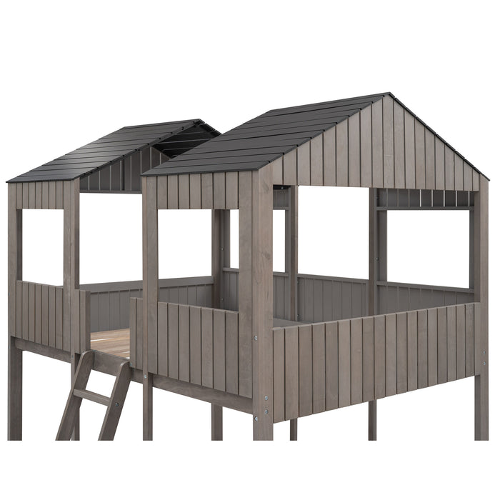 New Space Full Over Full Wood Bunk Bed with Roof Window