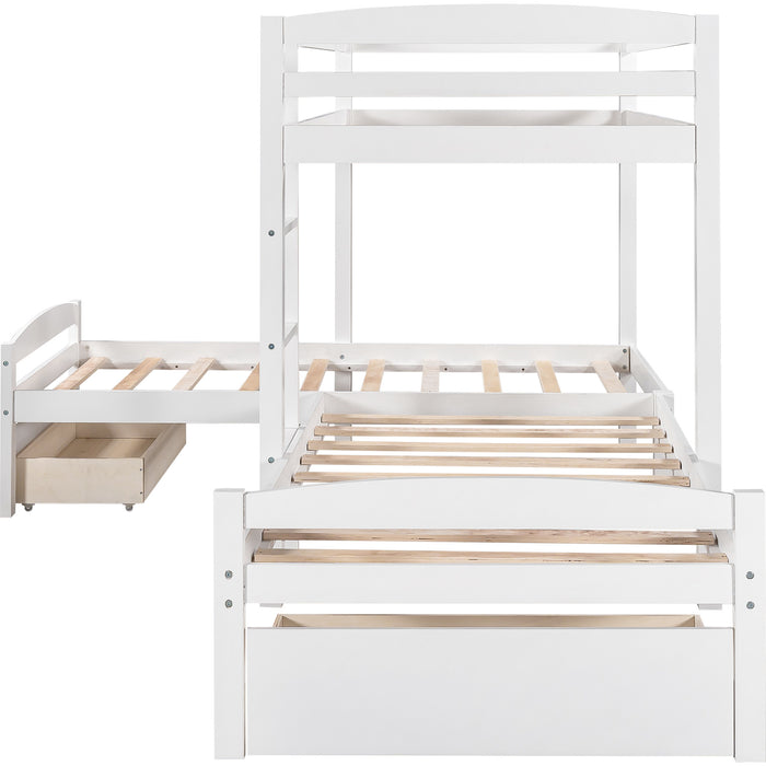 Twin Over Twin L-shaped Bunk Bed with Two Drawers, Pine Wood Bed Frame