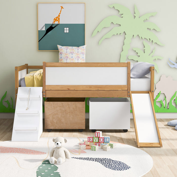 New Space Twin size Low Loft Bed Wooden Bed with Two Storage Boxes
