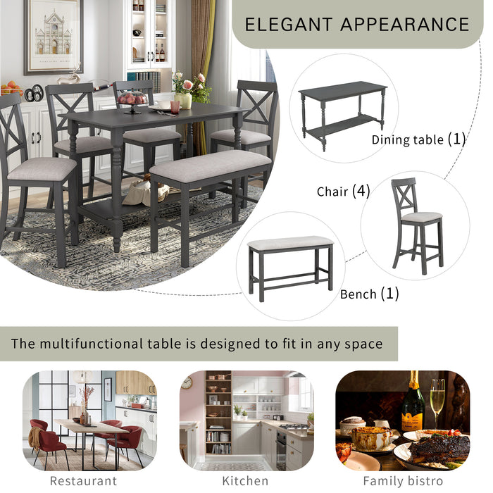 6-Pieces Counter Height Dining Table Set Table with Shelf 4 Chairs and Bench for Dining Room