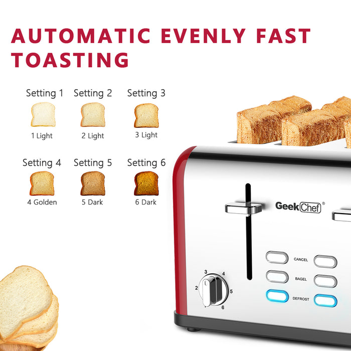 Toaster 4 slices, geek chef stainless steel extra-wide slot toaster, dual control panel with bagel/defrost/cancel function, 6 shade settings for baking bread RT