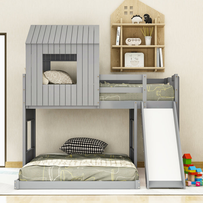 New Space Wooden Twin Over Full Bunk Bed, Loft Bed with Playhouse