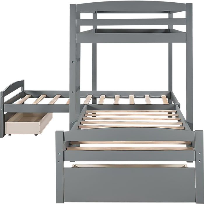 Twin Over Twin L-shaped Bunk Bed with Two Drawers, Pine Wood Bed Frame