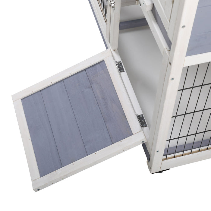 2-Tier Wooden Rabbit Hutch with Wheels, Indoor/Outdoor Pet House with Removable Tray - Gray and White