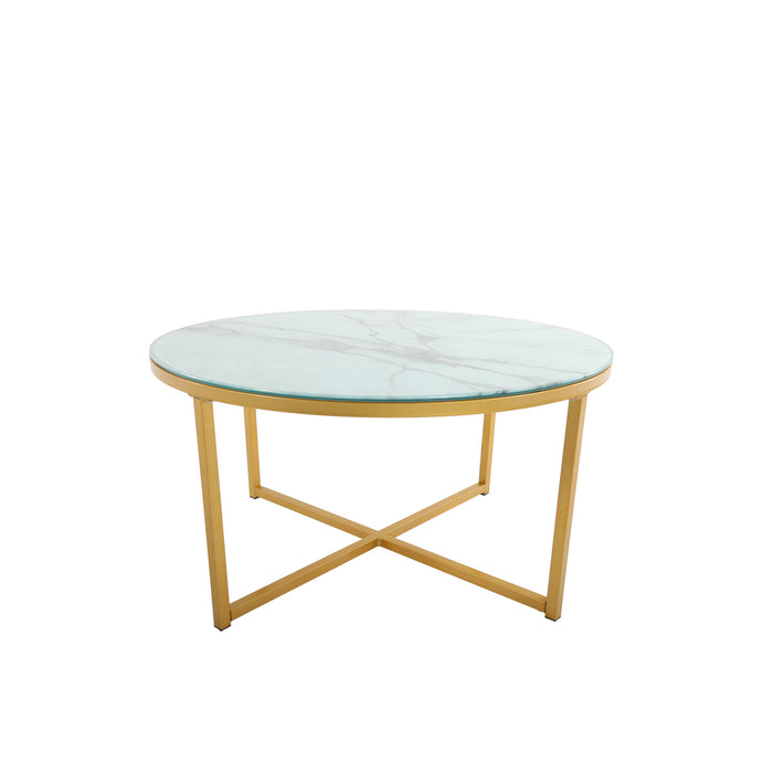 Cross Legs Glass Coffee Table with Metal Base, Marble White Top and Golden