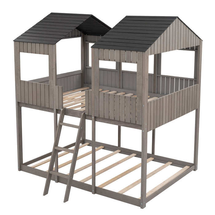 New Space Full Over Full Wood Bunk Bed with Roof Window