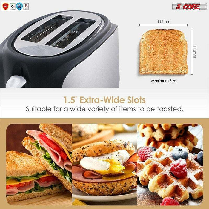 Toaster 2 Slice Stainless Steel Bread Toster Extra Wide Reheat Functions Removable Crumb Tray